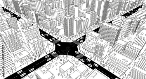 Aerial view of a busy city intersection with cars on roads and tall buildings.