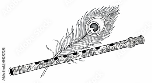Illustration of a flute with a peacock feather on a white background in a detailed, monochromatic style.