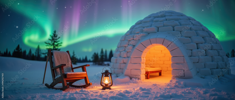 Fototapeta premium Igloo snow lantern rocking chair aurora night winter glowing outdoor peaceful scene with glowing igloo and northern lights in snowy landscape