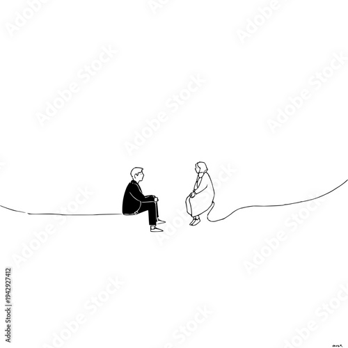 Two people sitting on a line simple black and white illustration minimalistic style emotional concept