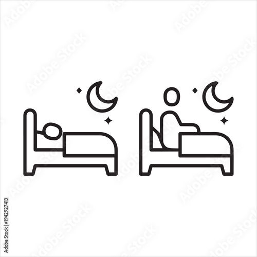 Two beds with moon, linear icons. Sleep quality and rest comparison. Line with editable stroke.