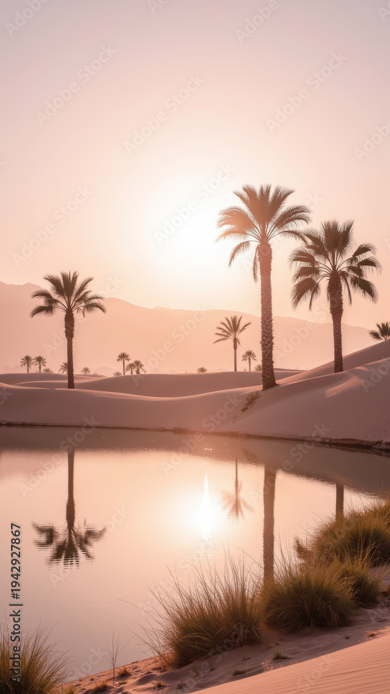 Obraz premium Desert palm sunrise sand oasis reflection tranquil serene landscape nature scene with soft sunlight and calm water