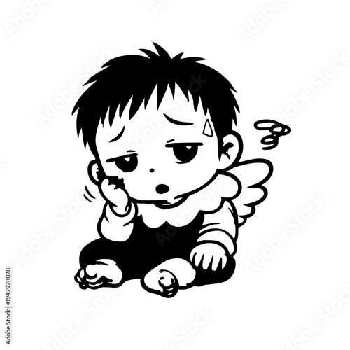 Tired cute baby angel sitting and looking bored cartoon illustration