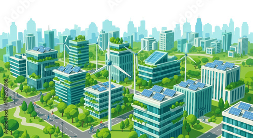 Smart eco city sustainable urban development concept vector illustration showing green buildings renewable energy solar panels and modern smart infrastructure environmentally friendly future city desi