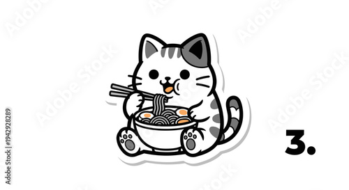 Cute cartoon cat eating noodles illustration adorable pet character vector design playful kitten mascot isolated background animal character concept ideal for children design pet branding cute mascot 