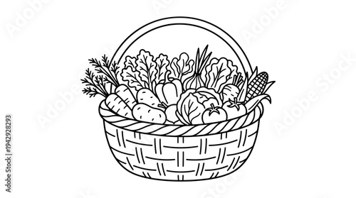 Outline vector icon of basket full of vegetables, farm harvest symbol, simple outline style 