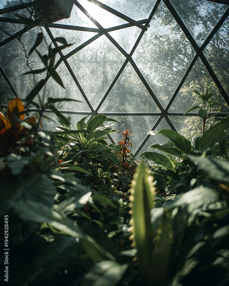 Fototapeta premium Sunlight streams through the geometric glass panes, illuminating a thriving indoor garden filled with lush plants