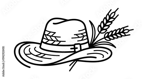 Outline vector icon of farmer hat with wheat leaves, agriculture worker symbol, simple line design, isolated on white background, no text, no gradient