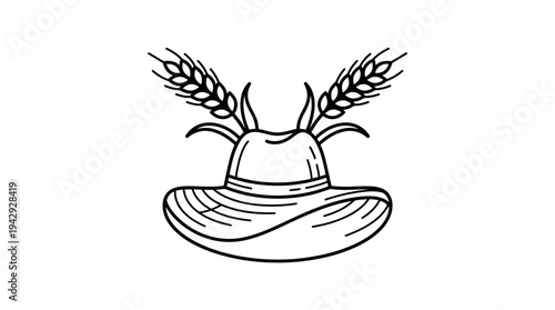 Outline vector icon of farmer hat with wheat leaves, agriculture worker symbol, simple line design, isolated on white background, no text, no gradient
