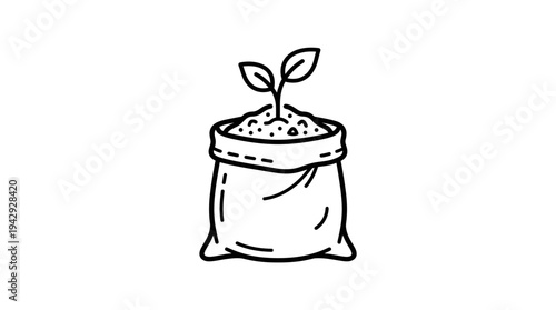 Outline vector icon of fertilizer bag with small plant sprout, agriculture nutrient concept 