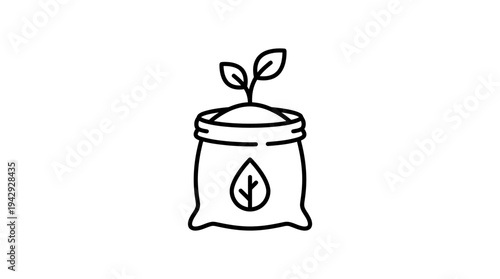 Outline vector icon of fertilizer bag with small plant sprout, agriculture nutrient concept 