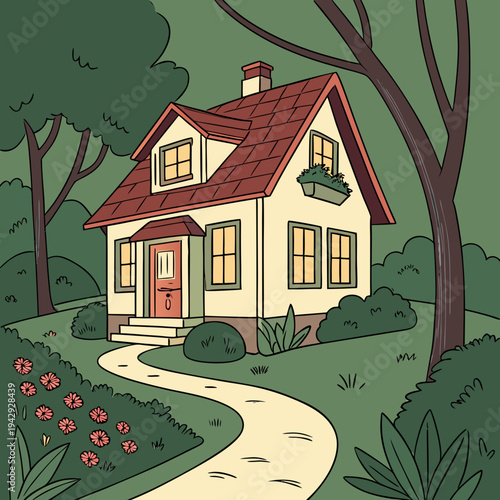 Cozy nocturnal cottage with glowing windows illuminates a tranquil forest setting, surrounded by lush trees and vibrant flowers