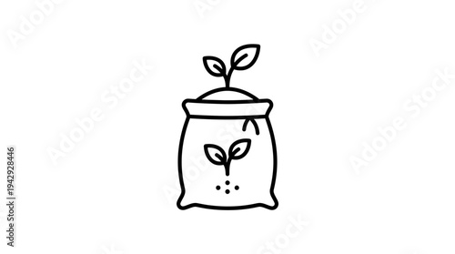 Outline vector icon of fertilizer bag with small plant sprout, agriculture nutrient concept 
