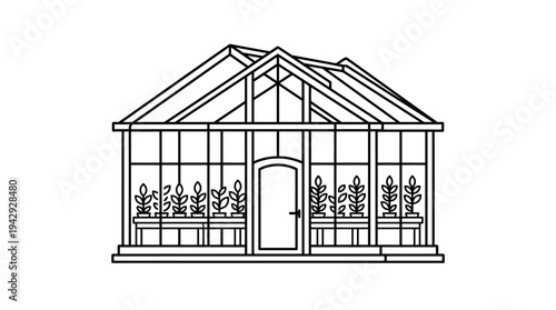 Outline vector icon of greenhouse building with plants inside, modern farming symbol 