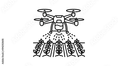 Outline vector icon of agricultural drone spraying crops, smart farming technology symbol