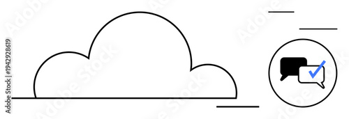 Cloud icon with flowing lines complemented by a chat bubble and checkmark circle. Ideal for cloud storage, communication, teamwork, approvals, task tracking, collaboration, simple flat metaphor