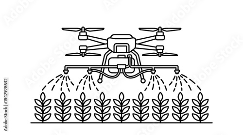 Outline vector icon of agricultural drone spraying crops, smart farming technology symbol