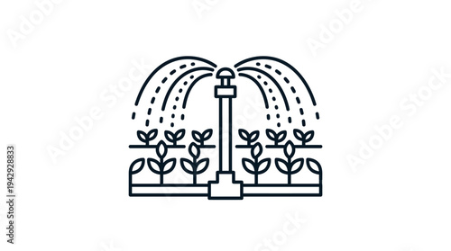 Outline vector icon of irrigation sprinkler watering crops, agriculture irrigation system symbol, clean thin line style, isolated on white background, no text, no gradient