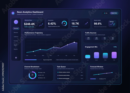 Futuristic Neon Analytics Dashboard UI, UX template. Futuristic dashboard interface with neon gradients, UI, KPI cards, charts, and dark mode panels, ideal for SaaS, fintech. Vector mockup