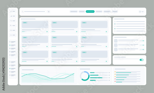 Minimal Analytics Dashboard UI Vector Illustration. Clean vector illustration of a web analytics dashboard with cards, charts, filters, and sidebar navigation. UI, UX dashbord template. Vector