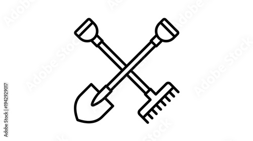 Outline vector icon of shovel and rake crossed, farming tools symbol, minimalist outline design, isolated on white background, no text, no gradient