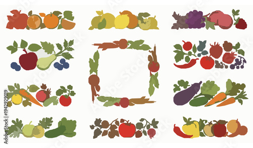 Fruits vegetables and berries vector border set with colorful fresh produce decorative frames