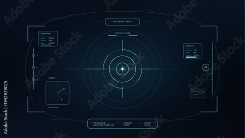 Futuristic HUD Cockpit Interface with Targeting Display. Futuristic head-up display interface with radar, targeting reticle, and visor data on a dark blue screen, ideal for gaming, VR, AR. Vector HUD