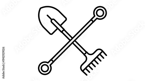 Outline vector icon of shovel and rake crossed, farming tools symbol, minimalist outline design, isolated on white background, no text, no gradient