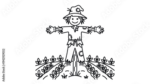 Outline vector icon of scarecrow in crop field, farm protection symbol