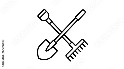 Outline vector icon of shovel and rake crossed, farming tools symbol, minimalist outline design, isolated on white background, no text, no gradient