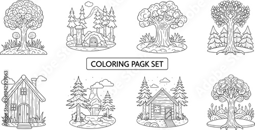 Create your own scenes with this detailed coloring page set of nature illustrations