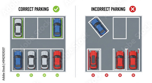 Correct and incorrect parking illustration showing cars in parking spots.