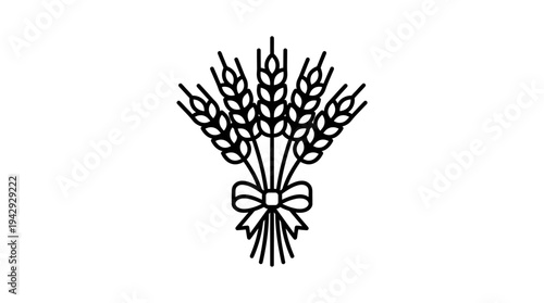 Outline vector icon of wheat ear bundle tied with ribbon, farming harvest symbol, minimalist line design, isolated on white background, no text, no gradient