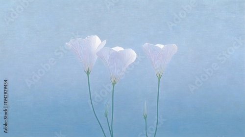 An elegant minimalist abstract composition features three large flower forms with faint contour lines and delicate shadow variations against a soft unified blue background