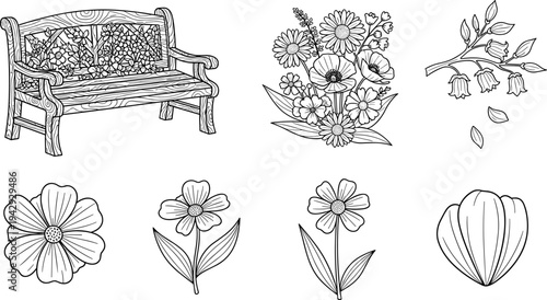 Black and white line art of a garden bench surrounded by various flowers and botanical elements