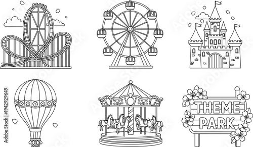Collection of amusement park icons including a roller coaster, Ferris wheel, castle, hot air balloon, and carousel