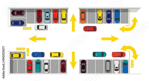 Aerial view of a busy parking lot with cars and directional arrows.