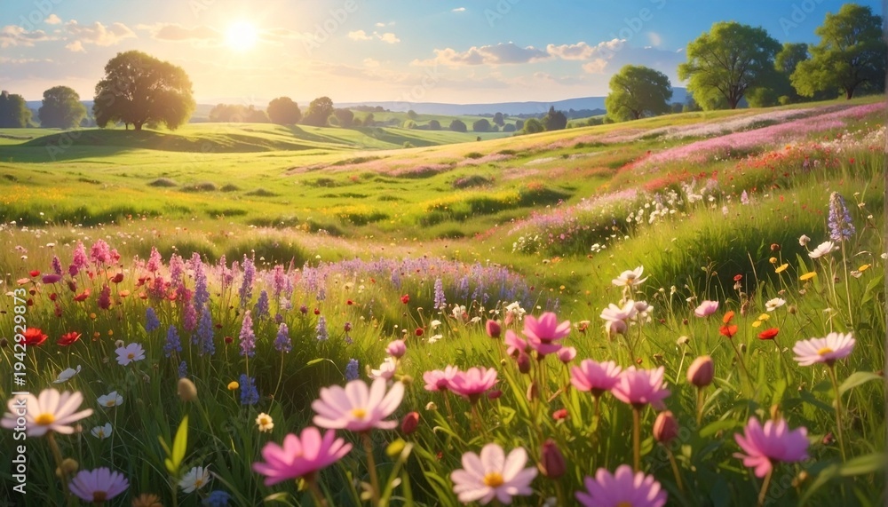 Obraz premium Vibrant wildflower meadow at sunrise with soft golden light and pastel blooms