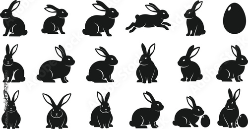 Rabbit silhouettes collection, vector illustration of Easter bunnies, sitting, standing, crouching, leaping poses, decorated eggs, springtime design, holiday celebration concept