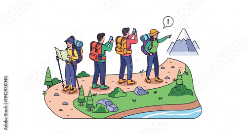 Hikers Exploring Mountainous Terrain Together.