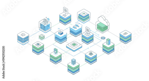 Isometric Blockchain Network with Connected Data Blocks and Servers.