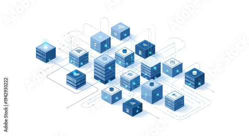 Isometric Blockchain Network with Connected Data Blocks and Servers.