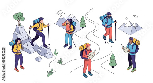 Hikers with Backpacks and Trekking Poles.