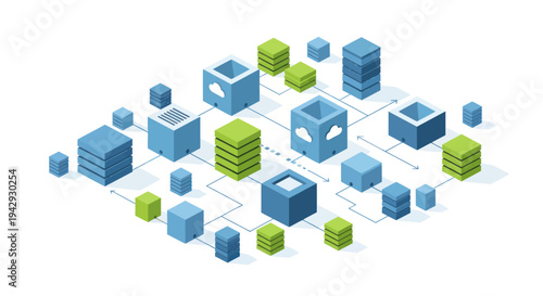Isometric Cloud Computing and Data Storage Network Illustration.