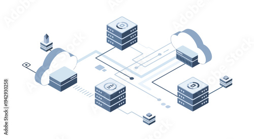 Isometric Cloud Computing and Data Storage Network Illustration.