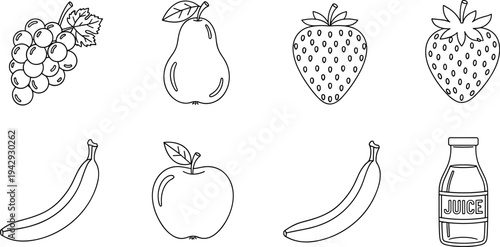 Collection of simple line art icons representing various fruits and a juice bottle