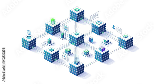 Isometric Blockchain Network with Connected Data Servers and Nodes.