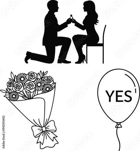 Romantic proposal silhouettes, person kneeling with ring, seated partner, bouquet of flowers, balloon with yes text, love, marriage, engagement vector illustration concept