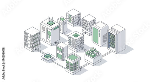Isometric Data Center Network Infrastructure Illustration.