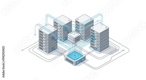 Isometric Data Center Network Infrastructure with Servers and Connections.